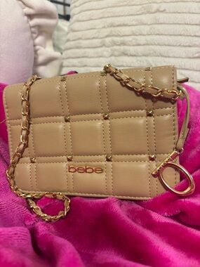bebe Quilted Crossbody Bag in Tan with Gold Chain